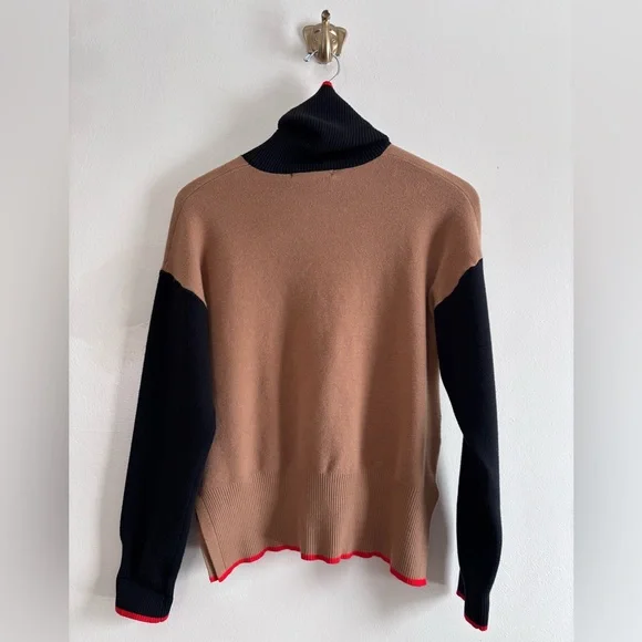 Tahari Colorblock Cowlneck Sweater in Camel, Black and Red Trim size M - Picture 4 of 6
